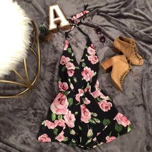 Black floral halter romper *worn once*